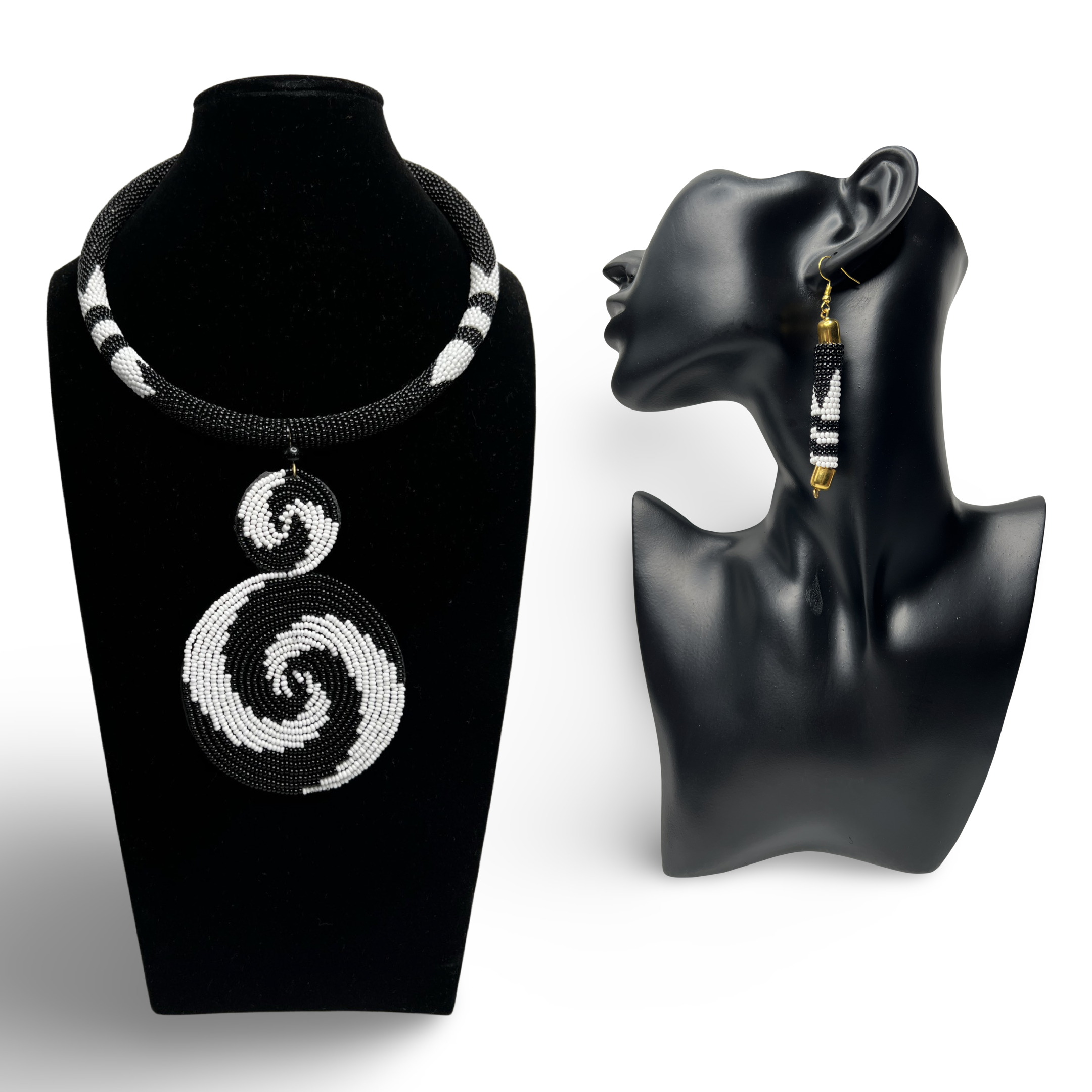 B9219F6B-8F60-4F49-9385-0B4E44C152D8 White Spiral Beaded Necklace with Earrings - Image 1
