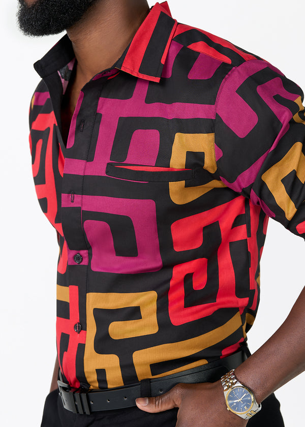 MaziMen_sAfricanPrintButton-upShirt_BlackBerryKuba_-1 Mazi Men's African Print Button-up Shirt - Image 1
