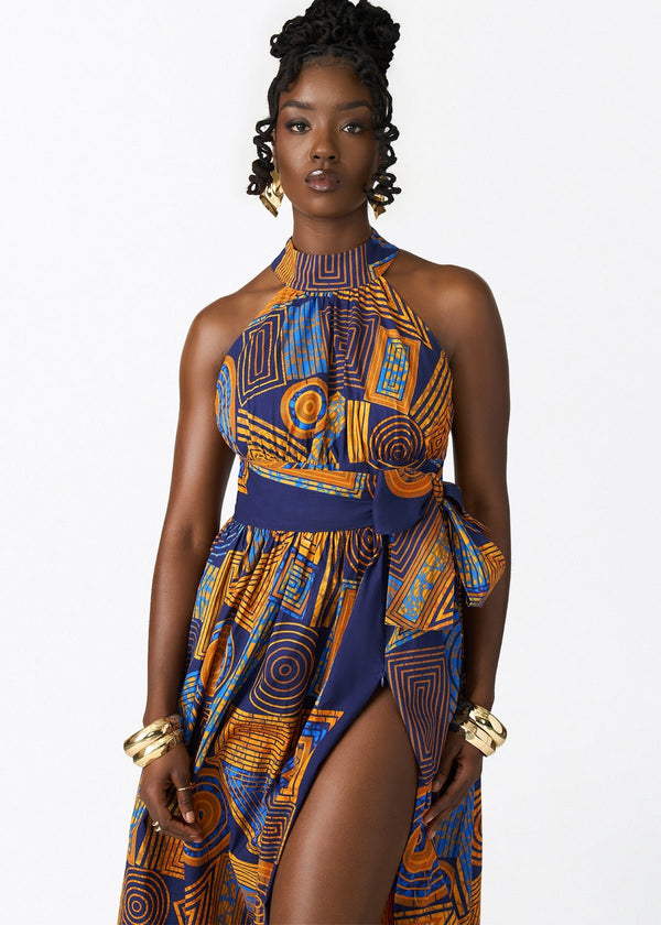 RonkeWomen_sAfricanPrintMaxiDress_RoyalBlueGeometric_-4 Ronke Women's African Print Maxi Dress - Image 1