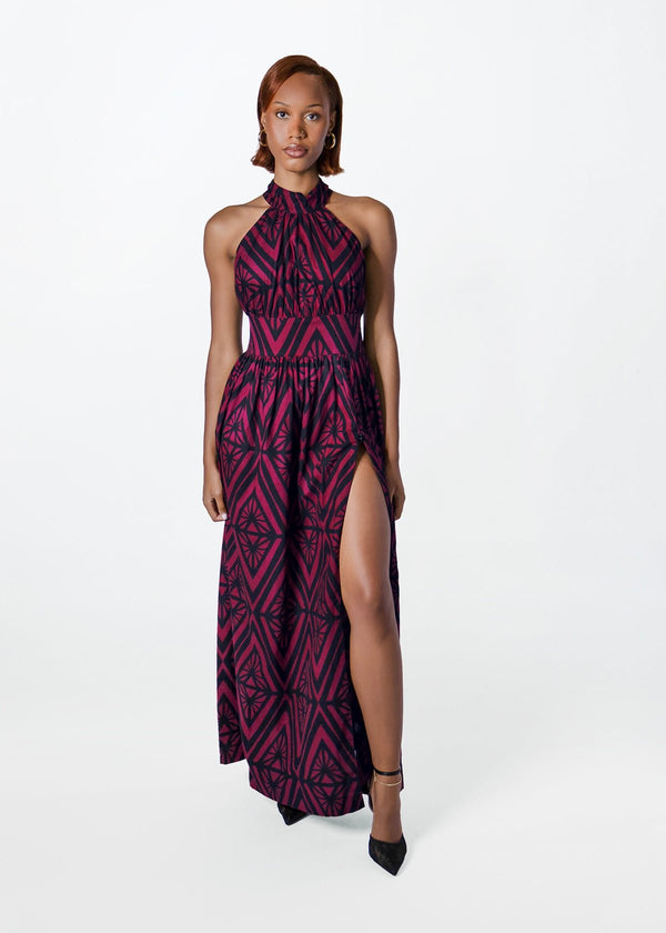 RonkeWomensAfricanPrintMaxiDress_PlumDiamond_-5 Womens African Print Maxi Dress - Image 1